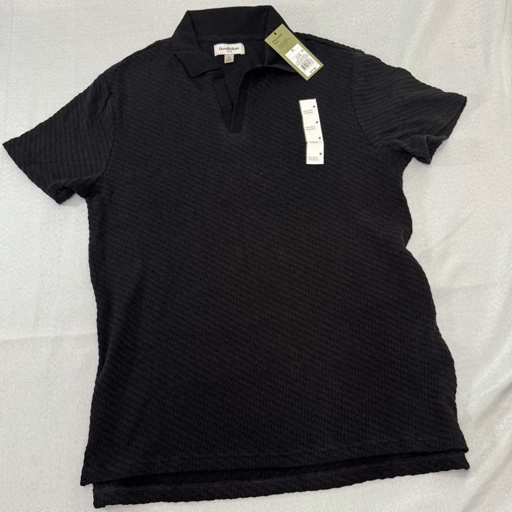New Goodfellow & Co Black Textured Open-Placket Polo Mens Shirt size Medium